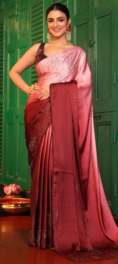 Red and Maroon color Saree in Satin Silk fabric with Swarovski work