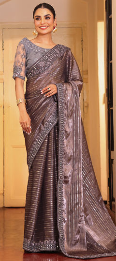 Black and Grey color Saree in Tissue fabric with Embroidered work