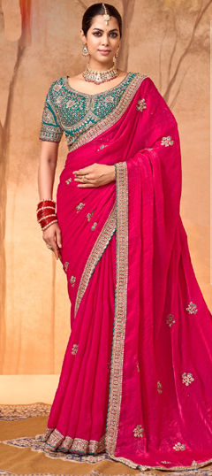 Pink and Majenta color Saree in Satin Silk fabric with Embroidered, Sequence, Thread, Zari work