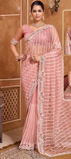 Pink and Majenta color Saree in Net fabric with Embroidered, Sequence, Thread, Zari work