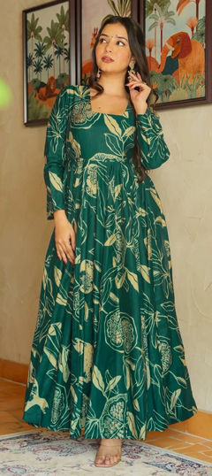 Green color Gown in Rayon fabric with Digital Print work