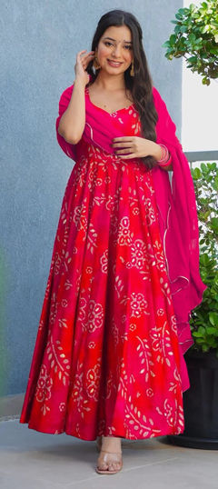 Red and Maroon color Gown in Rayon fabric with Digital Print work
