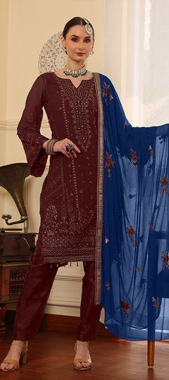 Red and Maroon color Salwar Kameez in Faux Georgette fabric with Embroidered work