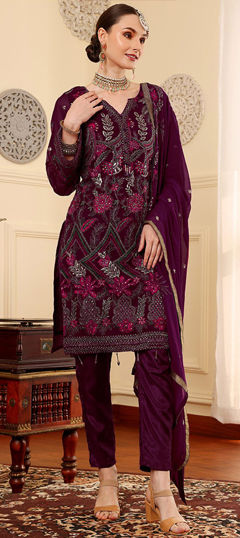 Purple and Violet color Salwar Kameez in Faux Georgette fabric with Embroidered work