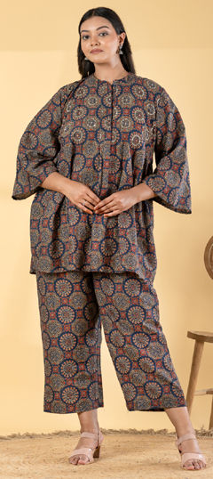 Blue color Co-ords Set in Cotton fabric with Printed, Sequence work