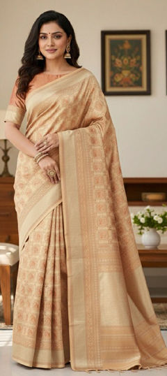 Beige and Brown color Saree in Art Silk fabric with Weaving work