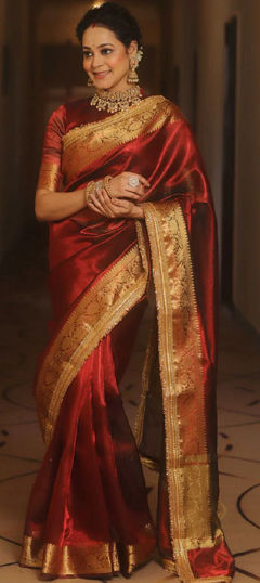 Red and Maroon color Saree in Chinon Silk fabric with Weaving work
