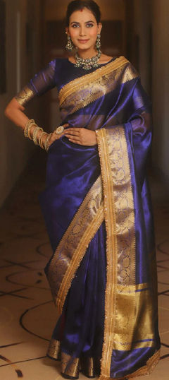 Blue color Saree in Chinon Silk fabric with Weaving work