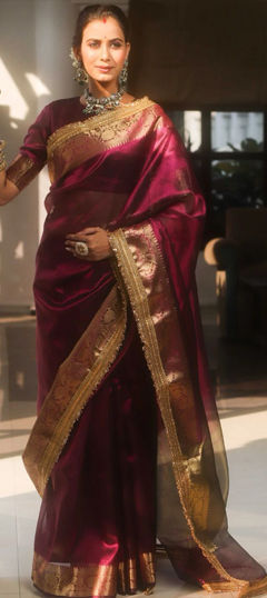 Red and Maroon color Saree in Chinon Silk fabric with Weaving work
