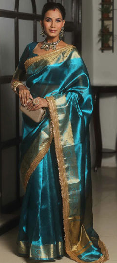 Blue color Saree in Chinon Silk fabric with Weaving work