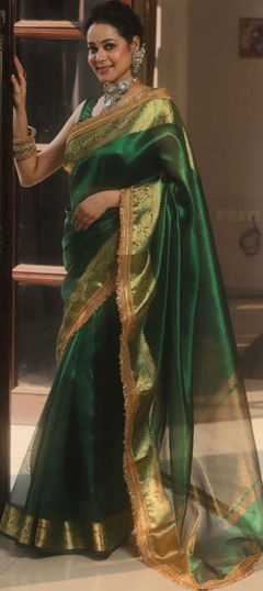 Green color Saree in Chinon Silk fabric with Weaving work