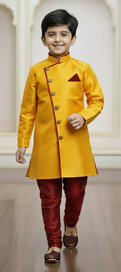 Yellow color Boys Indo-Western in Jute fabric with Thread work