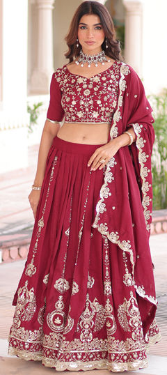 Red and Maroon color Lehenga in Silk fabric with Embroidered, Sequence, Thread work