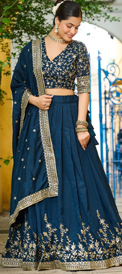Blue color Lehenga in Silk fabric with Embroidered, Sequence, Thread work