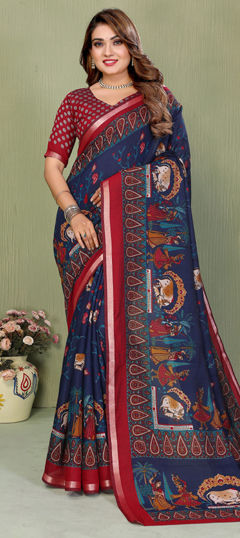 Blue color Saree in Mul Cotton fabric with Printed work