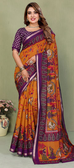 Yellow color Saree in Mul Cotton fabric with Printed work