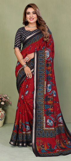 Red and Maroon color Saree in Mul Cotton fabric with Printed work