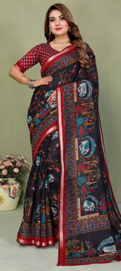 Black and Grey color Saree in Mul Cotton fabric with Printed work