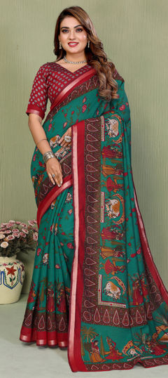 Blue color Saree in Mul Cotton fabric with Printed work