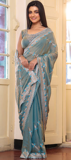 Blue color Saree in Tissue fabric with Embroidered work