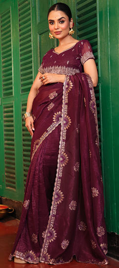 Beige and Brown color Saree in Chiffon fabric with Embroidered work