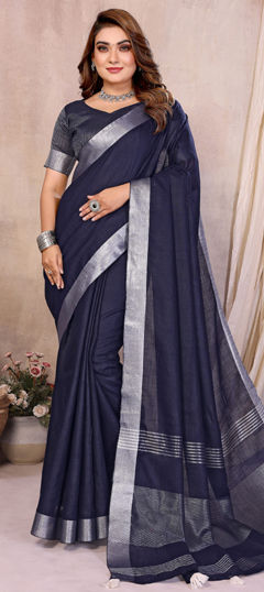 Blue color Saree in Cotton, Linen fabric with Weaving, Zari work