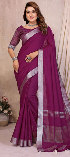 Purple and Violet color Saree in Cotton, Linen fabric with Weaving, Zari work