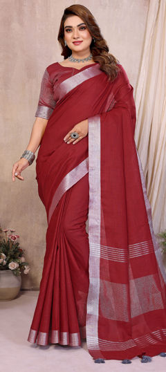 Red and Maroon color Saree in Cotton, Linen fabric with Weaving, Zari work