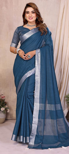 Blue color Saree in Cotton, Linen fabric with Weaving, Zari work