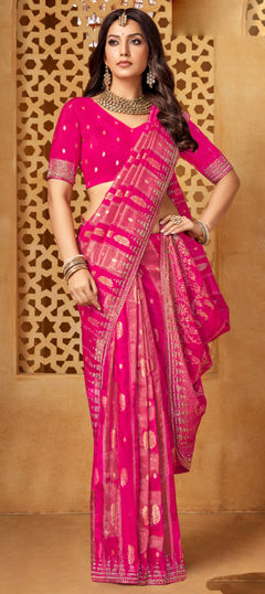 Pink and Majenta color Saree in Silk fabric with Stone work