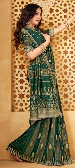 Green color Saree in Silk fabric with Stone work