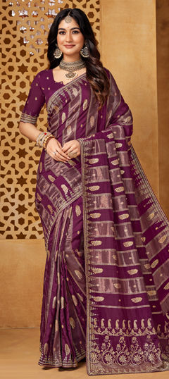 Purple and Violet color Saree in Silk fabric with Stone work
