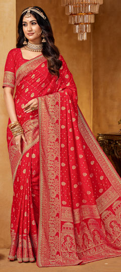 Red and Maroon color Saree in Viscose fabric with Stone, Weaving work
