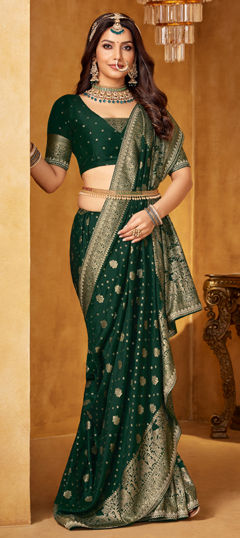 Green color Saree in Viscose fabric with Stone, Weaving work