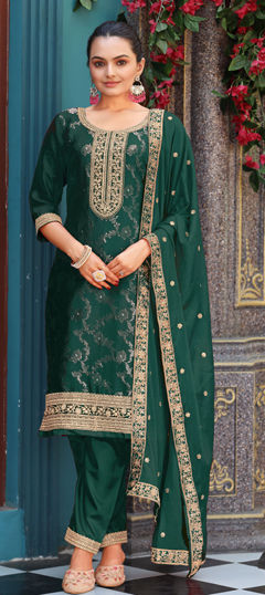 Green color Salwar Kameez in Jacquard, Viscose fabric with Embroidered, Zari work
