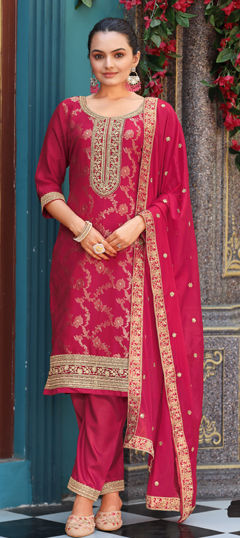 Pink and Majenta color Salwar Kameez in Jacquard, Viscose fabric with Embroidered, Zari work