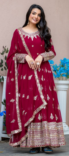 Red and Maroon color Salwar Kameez in Faux Georgette fabric with Embroidered, Sequence work