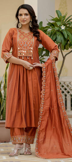 Beige and Brown color Salwar Kameez in Roman Silk, Viscose fabric with Embroidered, Mirror, Sequence, Thread work