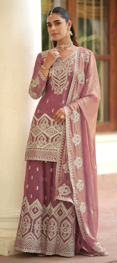 Pink and Majenta color Salwar Kameez in Silk fabric with Embroidered, Thread work