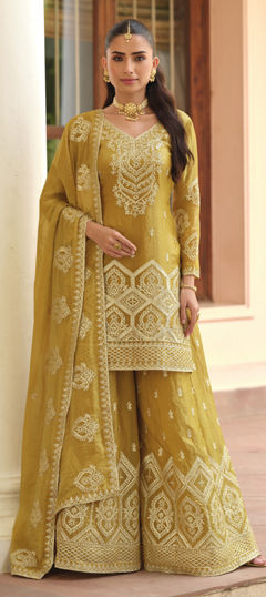 Yellow color Salwar Kameez in Silk fabric with Embroidered, Thread work