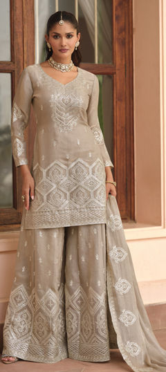 Beige and Brown color Salwar Kameez in Silk fabric with Embroidered, Thread work