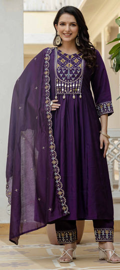 Purple and Violet color Salwar Kameez in Roman Silk, Viscose fabric with Embroidered, Mirror, Sequence, Thread work