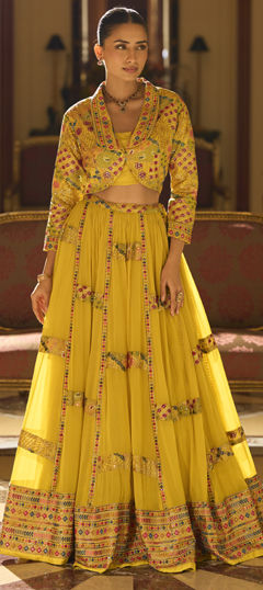 Yellow color Ready to Wear Lehenga in Georgette fabric with Embroidered, Thread work
