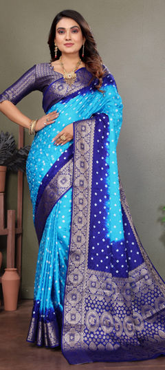 Blue color Saree in Satin Silk fabric with Bandhej, Printed work