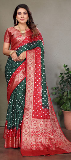 Green color Saree in Satin Silk fabric with Bandhej, Printed work