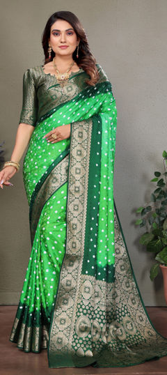 Green color Saree in Satin Silk fabric with Bandhej, Printed work