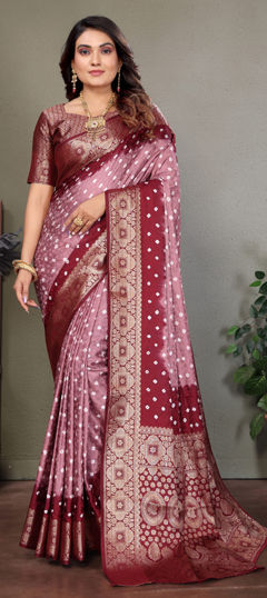 Pink and Majenta color Saree in Satin Silk fabric with Bandhej, Printed work