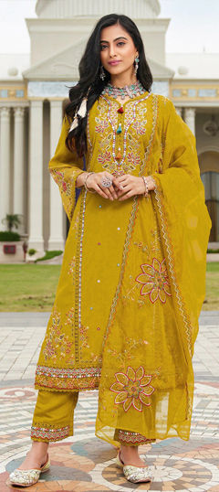 Yellow color Salwar Kameez in Cotton fabric with Embroidered, Sequence work