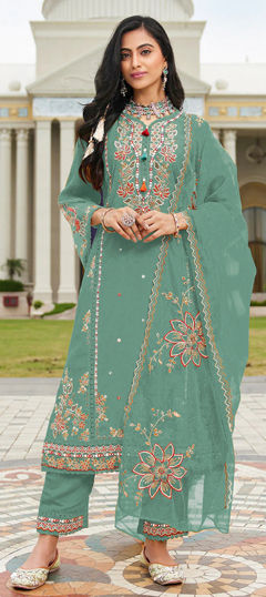 Green color Salwar Kameez in Cotton fabric with Embroidered, Sequence work