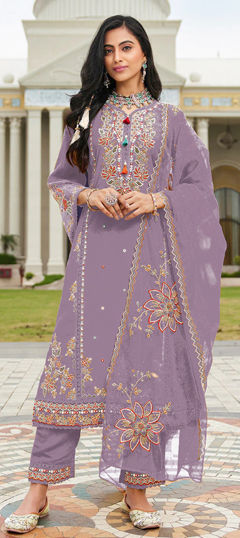 Purple and Violet color Salwar Kameez in Cotton fabric with Embroidered, Sequence work